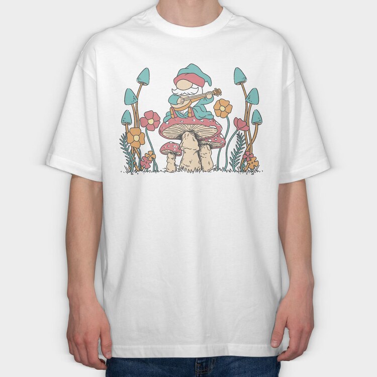 Hippie Gnome On Mushroom Banjo Cottagecore, Tricou Oversize Barbati (Unisex)