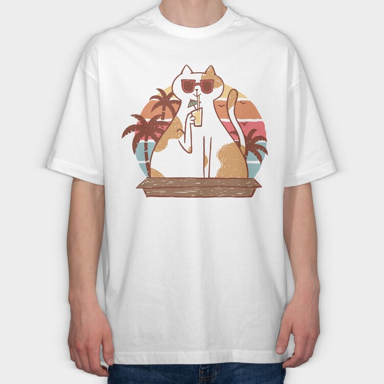 Cat With Summer Drink Retro Sunset, Tricou Oversize Barbati (Unisex)