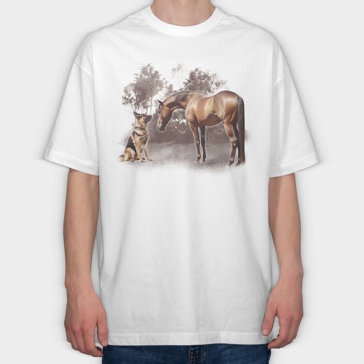 Horse And German Shepherd, Tricou Oversize Barbati (Unisex)