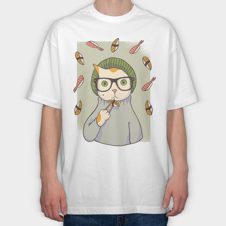 Hipster Sushi Cat, Tricou Oversize Barbati (Unisex)