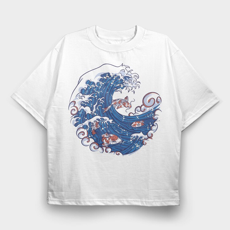Wave With Koi Fishes, Tricou Oversize Barbati (Unisex)