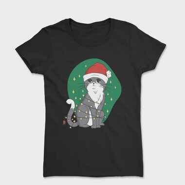 Cat With Fairy Lights Christmas, Tricou Femei