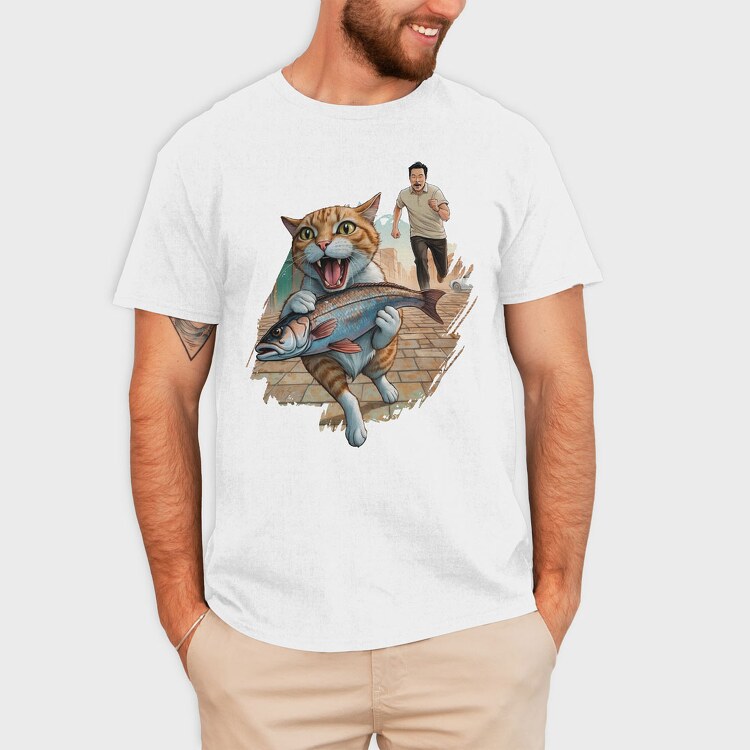 Cat Escaping With Fish, Tricou Barbati (Unisex)