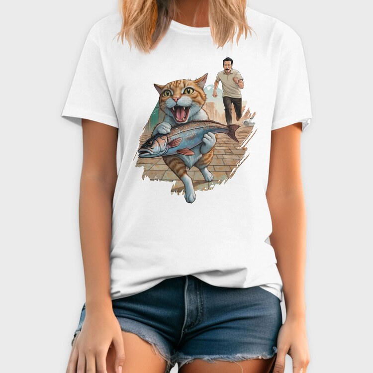Cat Escaping With Fish, Tricou Barbati (Unisex)