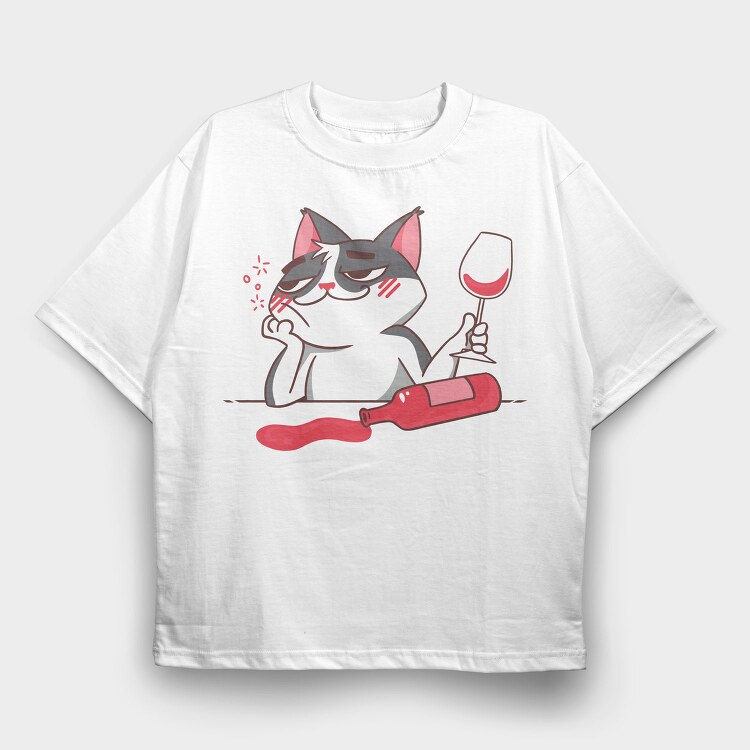 Wine Cat Drunk, Tricou Oversize Barbati (Unisex)