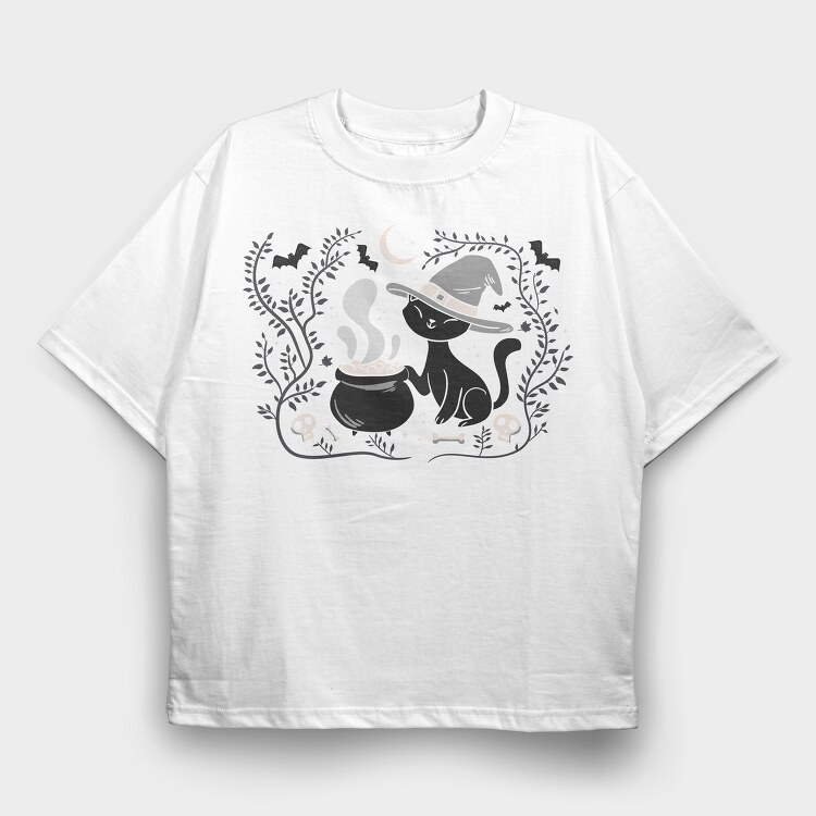 Witch Cat Halloween Illustration 3, Tricou Oversize Barbati (Unisex)