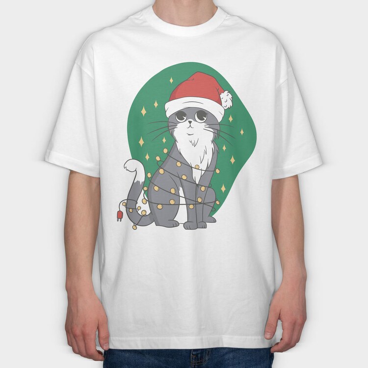 Cat With Fairy Lights Christmas, Tricou Oversize Barbati (Unisex)