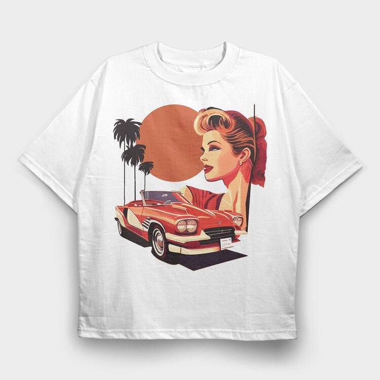 Classic Car Convertible Girl Trees, Tricou Oversize Barbati (Unisex)