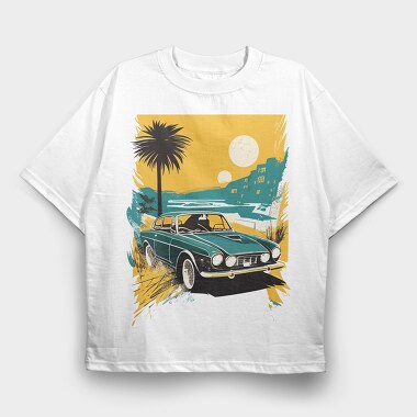 Classic Car Palm Trees Sun Sea City, Tricou Oversize Barbati (Unisex)