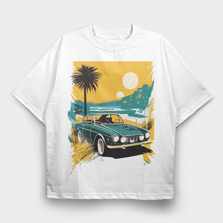 Classic Car Palm Trees Sun Sea City, Tricou Oversize Barbati (Unisex)