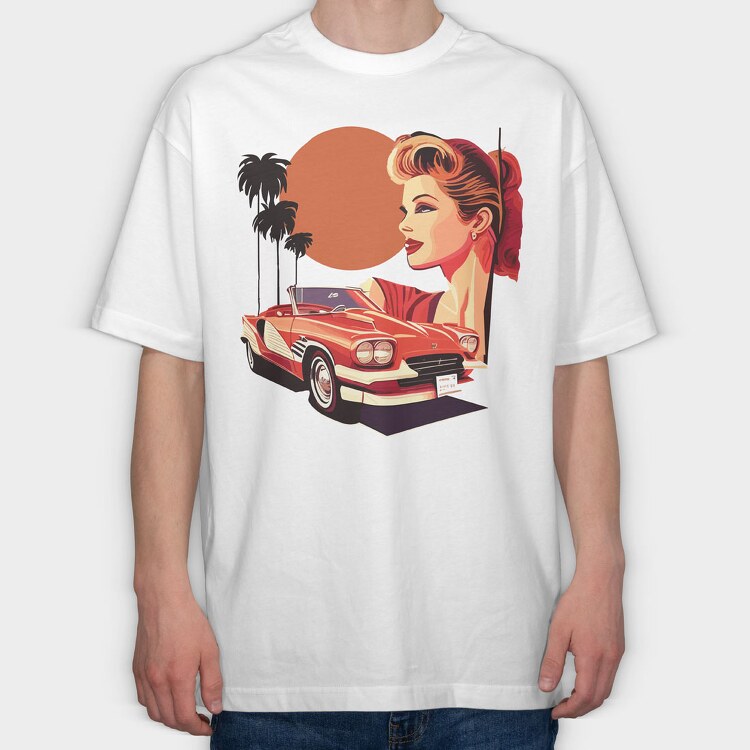 Classic Car Convertible Girl Trees, Tricou Oversize Barbati (Unisex)