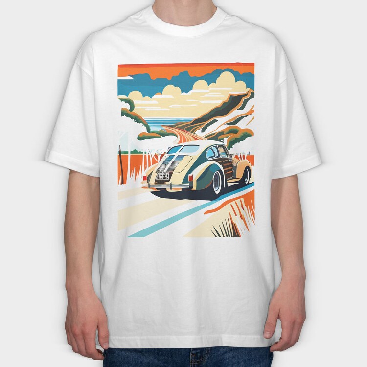 Classic Car Mountain Sunset Trees, Tricou Oversize Barbati (Unisex)