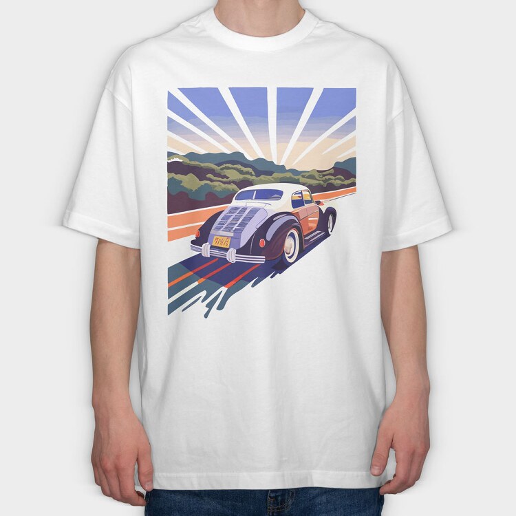 Classic Car Road Trees Sunset, Tricou Oversize Barbati (Unisex)