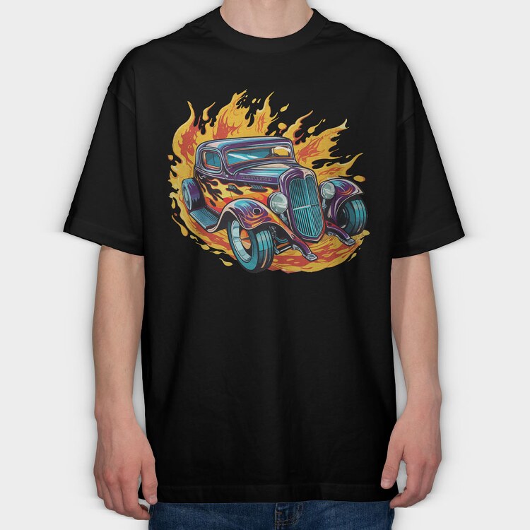 Flame Hotrod Old Car, Tricou Oversize Barbati (Unisex)
