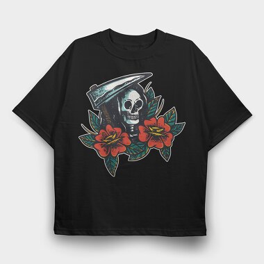 Skull and Flowers Texture Illustrations, Tricou Oversize Barbati (Unisex)