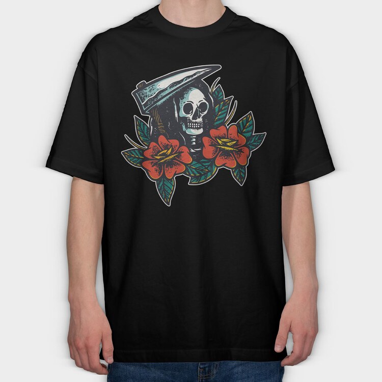 Skull and Flowers Texture Illustrations, Tricou Oversize Barbati (Unisex)