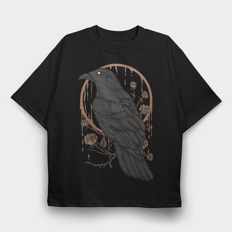 Raven Perch on the Flower Branch, Tricou Oversize Barbati (Unisex)