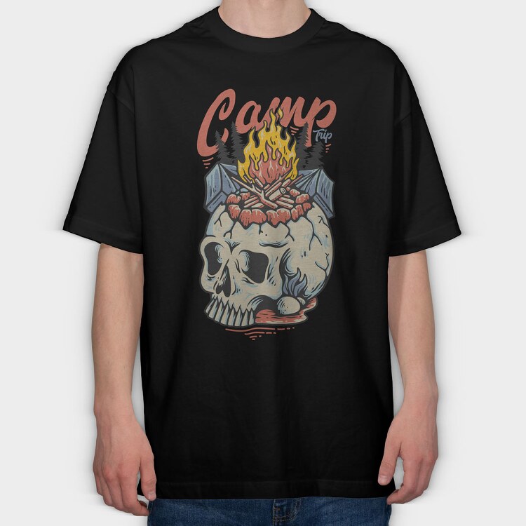 Camp Trip With Campfire on the Skull, Tricou Oversize Barbati (Unisex)
