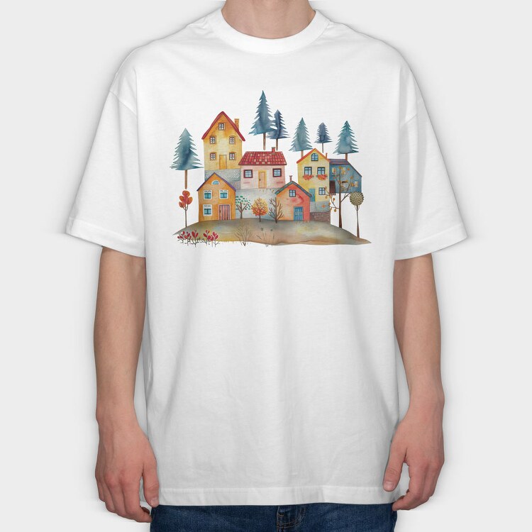 Autumn Houses Night, Tricou Oversize Barbati (Unisex)