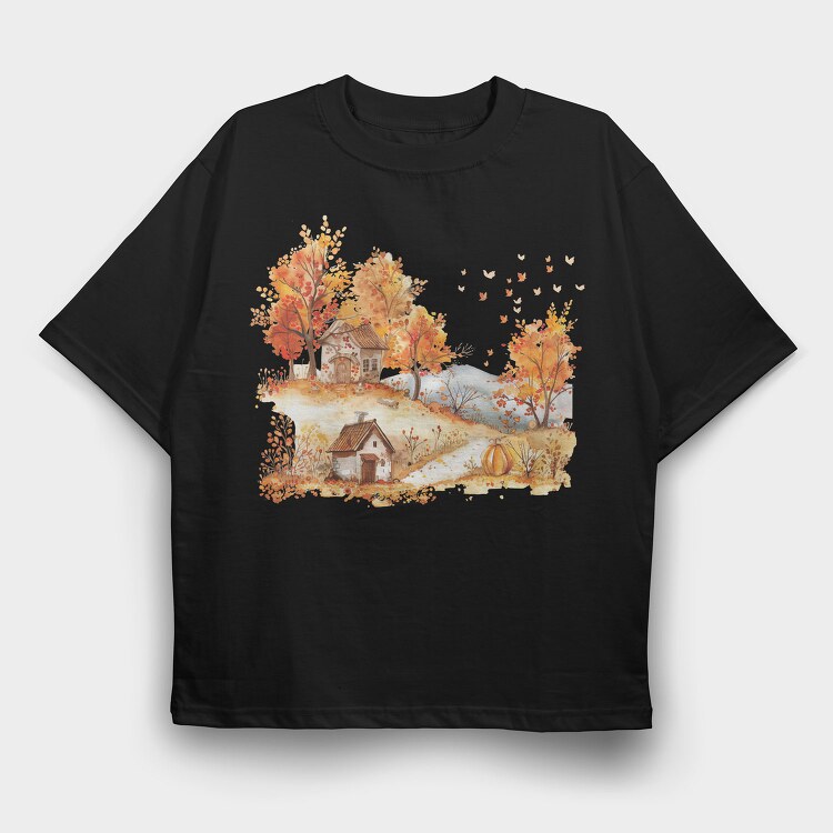 Autumn Hut Pumpkin, Tricou Oversize Barbati (Unisex)
