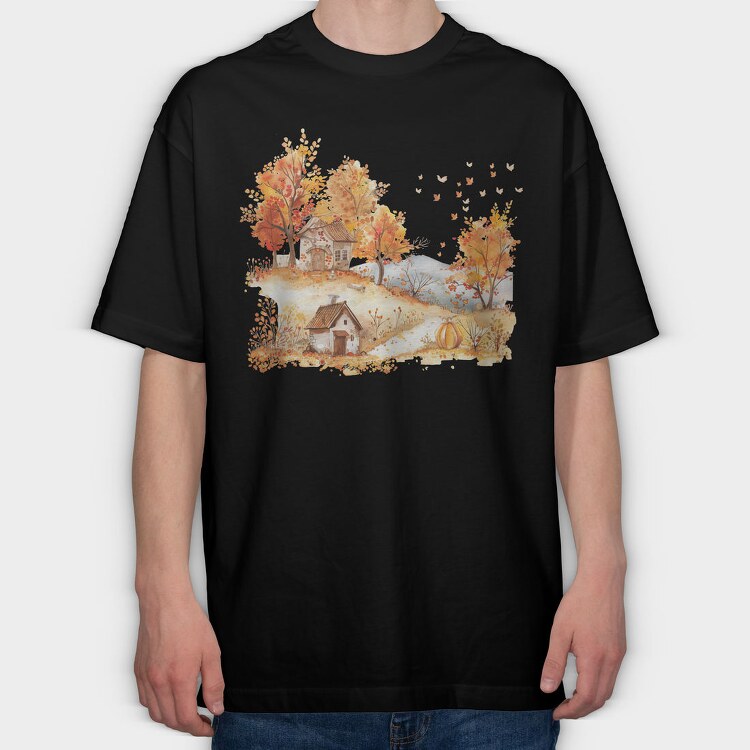 Autumn Hut Pumpkin, Tricou Oversize Barbati (Unisex)
