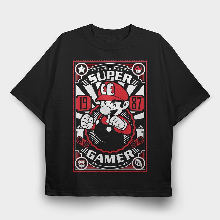 Super Gamer 1987 Mario, Tricou Oversize Barbati (Unisex)