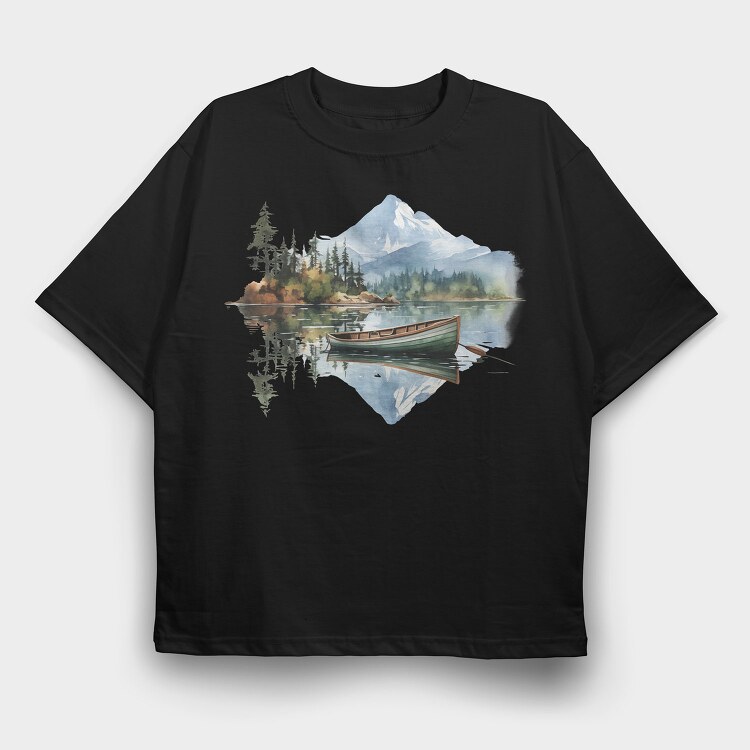 Boat Mountain Reflection, Tricou Oversize Barbati (Unisex)