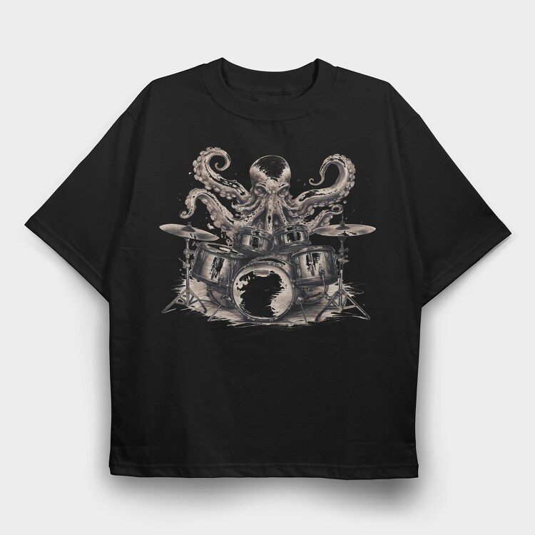 octopus playing drums, Tricou Oversize Barbati (Unisex)