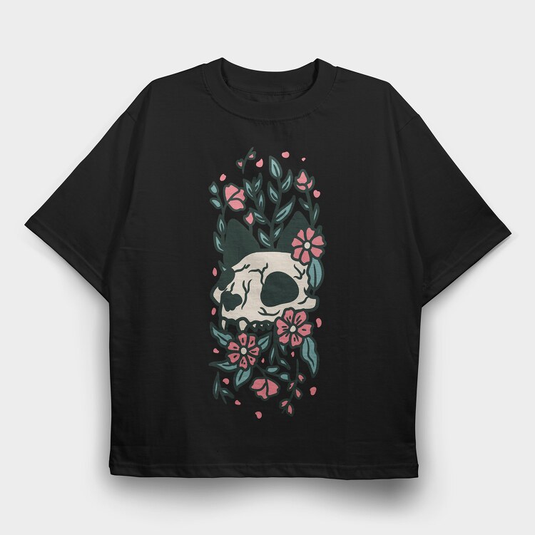 Flowers Cat Skull, Tricou Oversize Barbati (Unisex)