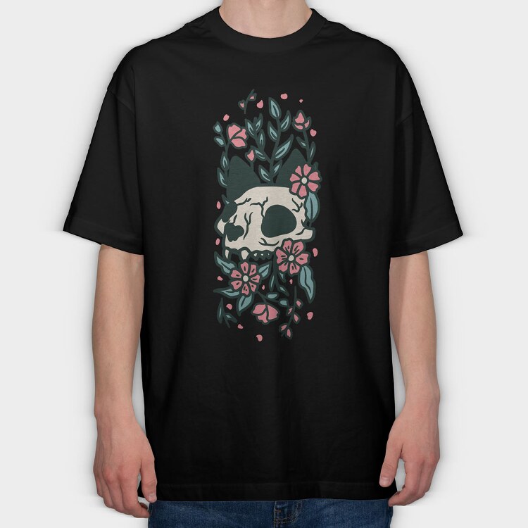 Flowers Cat Skull, Tricou Oversize Barbati (Unisex)