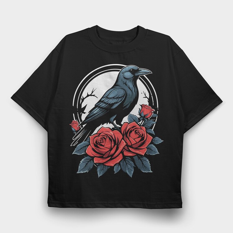 Crow and Roses, Tricou Oversize Barbati (Unisex)