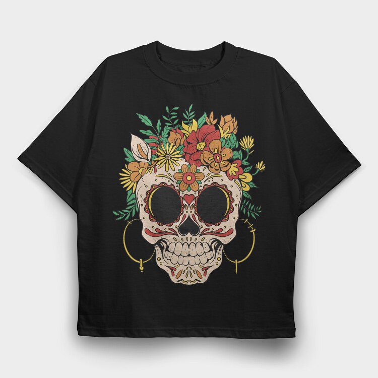 Skull Traditional Flowers, Tricou Oversize Barbati (Unisex)