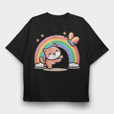 Cat Rainbow Cartoon, Tricou Oversize Barbati (Unisex)
