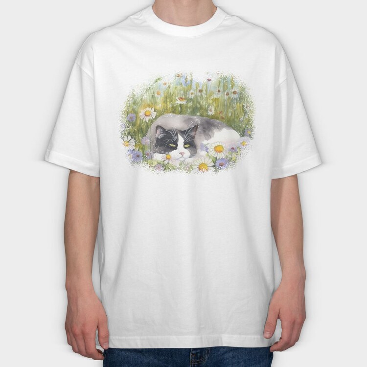 Cat Sleeping in Flower Field, Tricou Oversize Barbati (Unisex)