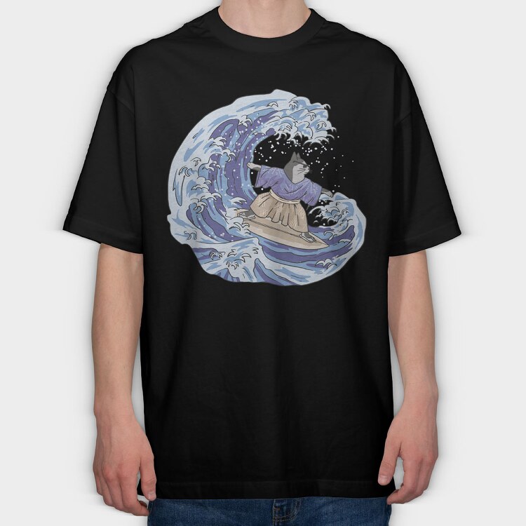 Cat Surfing Japanese Wave, Tricou Oversize Barbati (Unisex)