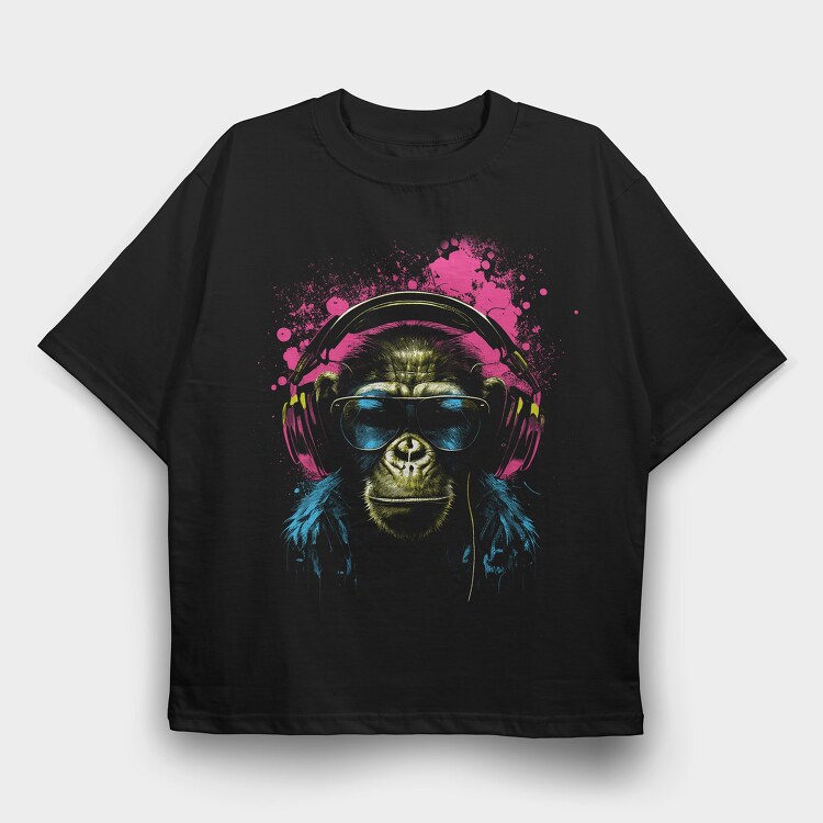 Monkey Headphones Portrait, Tricou Oversize Barbati (Unisex)