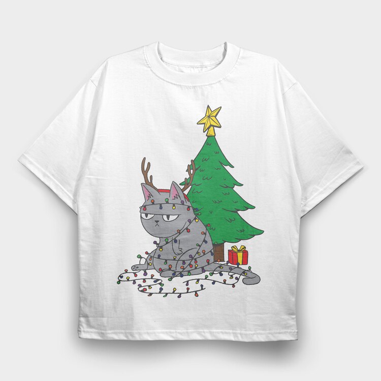 Cat Tangled in Christmas Lights, Tricou Oversize Barbati (Unisex)