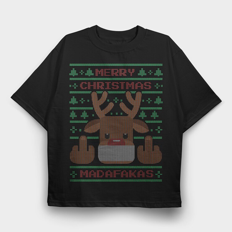 Reindeer Middle Finger Ugly Sweater, Tricou Oversize Barbati (Unisex)