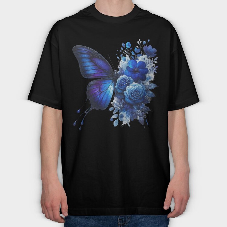 Blue Butterfly Roses, Tricou Oversize Barbati (Unisex)
