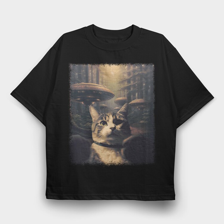 Cat With Alien Spaceships, Tricou Oversize Barbati (Unisex)
