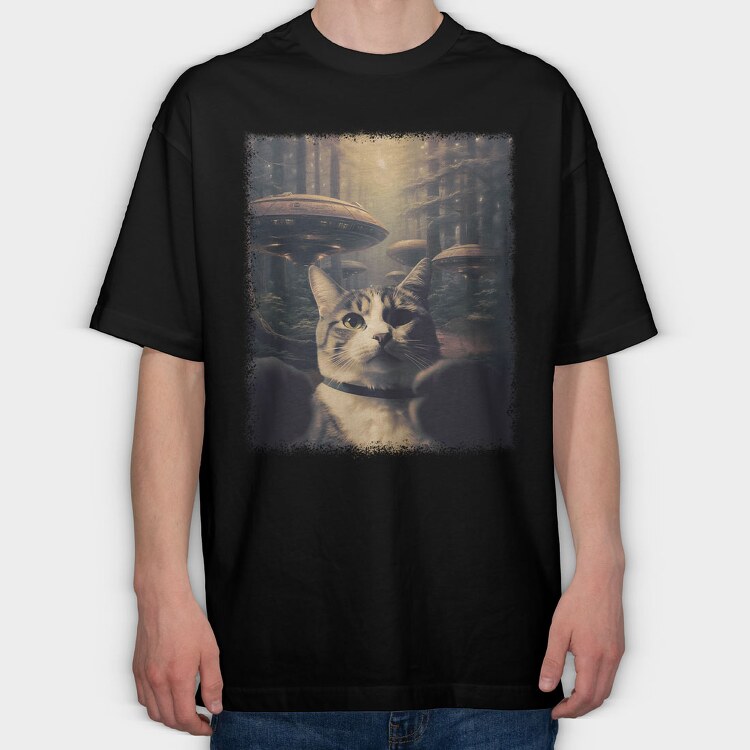 Cat With Alien Spaceships, Tricou Oversize Barbati (Unisex)