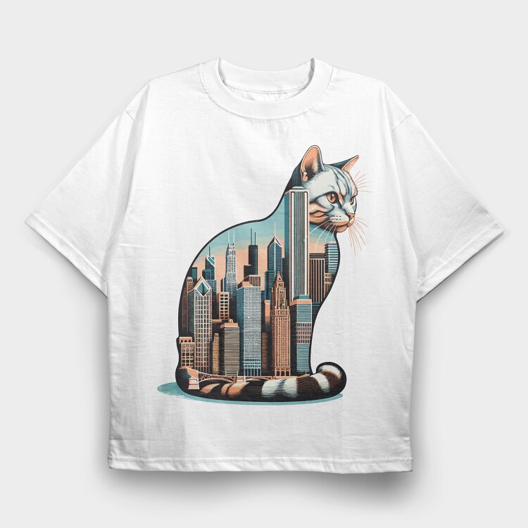 Chicago Skyline Cat, Tricou Oversize Barbati (Unisex)
