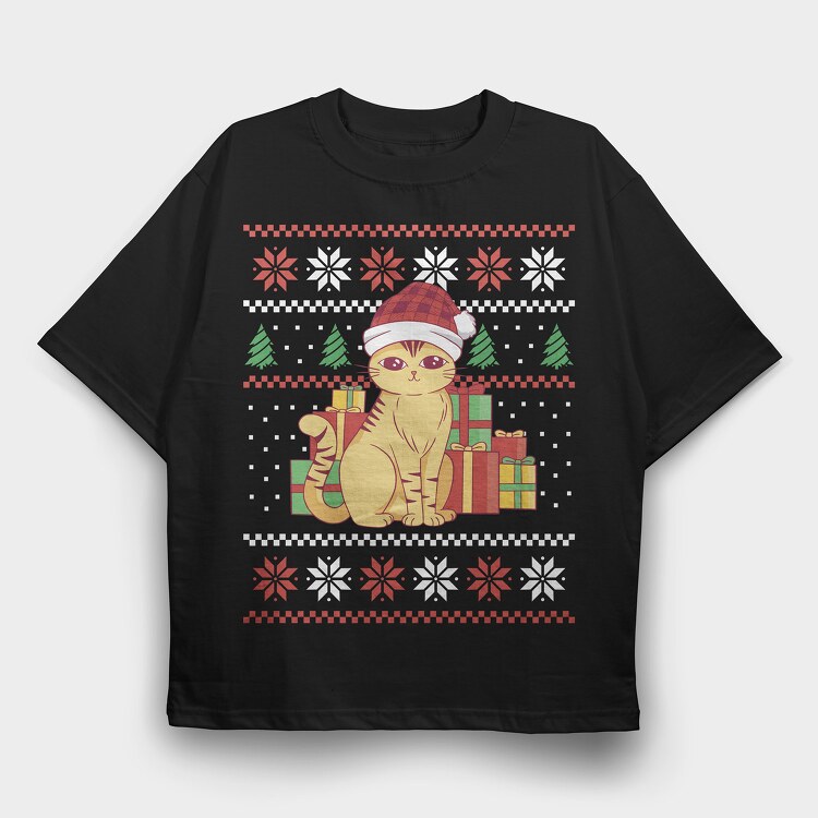 Cat With Gifts Ugly Sweater, Tricou Oversize Barbati (Unisex)
