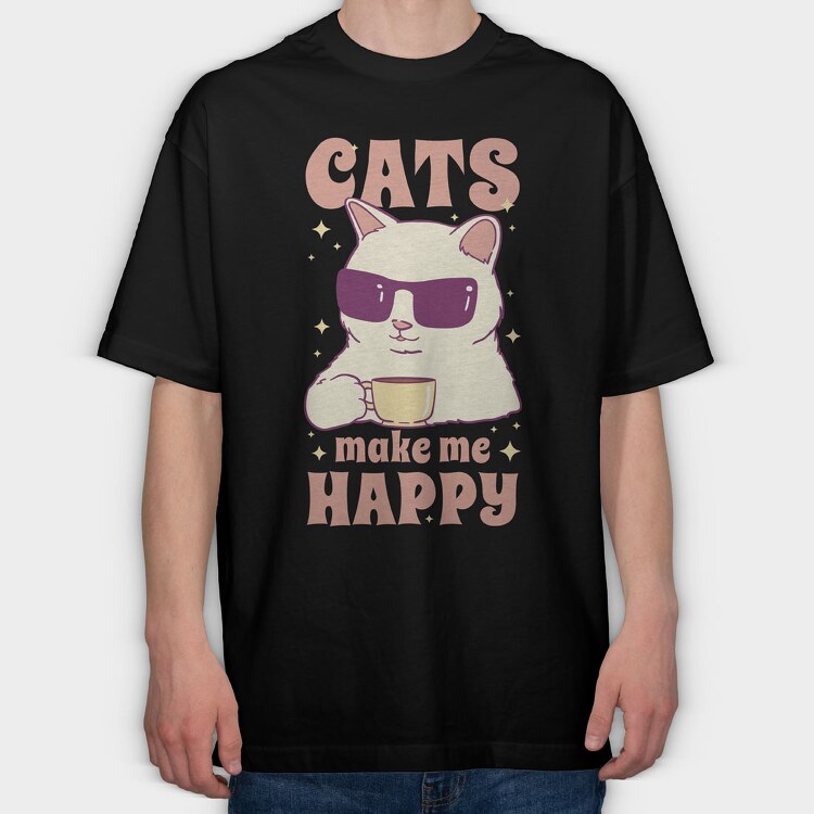 Cats Make Me Happy Coffee, Tricou Oversize Barbati (Unisex)