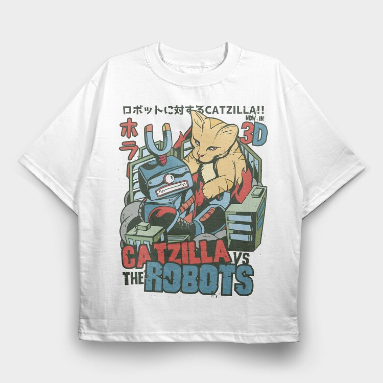 Catzilla vs Robot, Tricou Oversize Barbati (Unisex)
