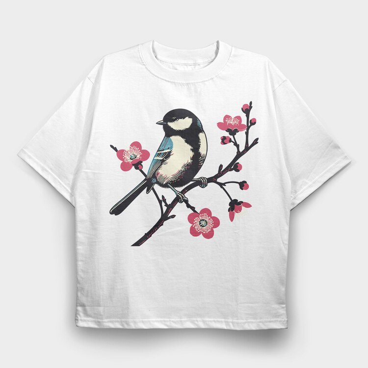 Chickadee On Blossom, Tricou Oversize Barbati (Unisex)