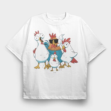 Rooster Cartoon Chickens, Tricou Oversize Barbati (Unisex)