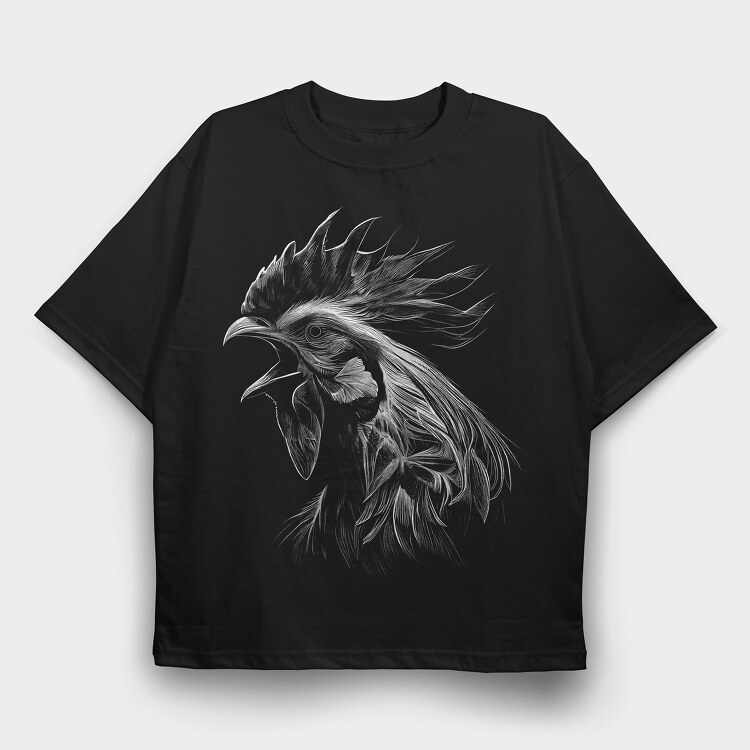 Rooster Head Monochrome, Tricou Oversize Barbati (Unisex)