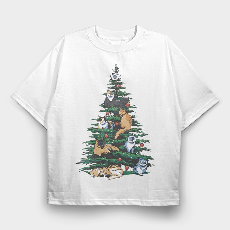 Christmas Tree Cats Realistic, Tricou Oversize Barbati (Unisex)