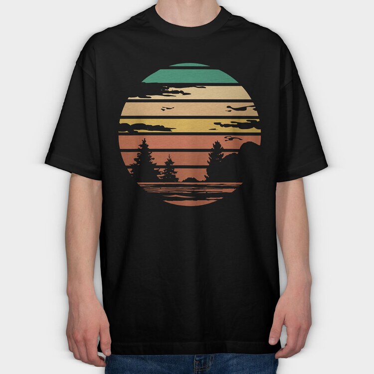 Forest Retro Sunset, Tricou Oversize Barbati (Unisex)